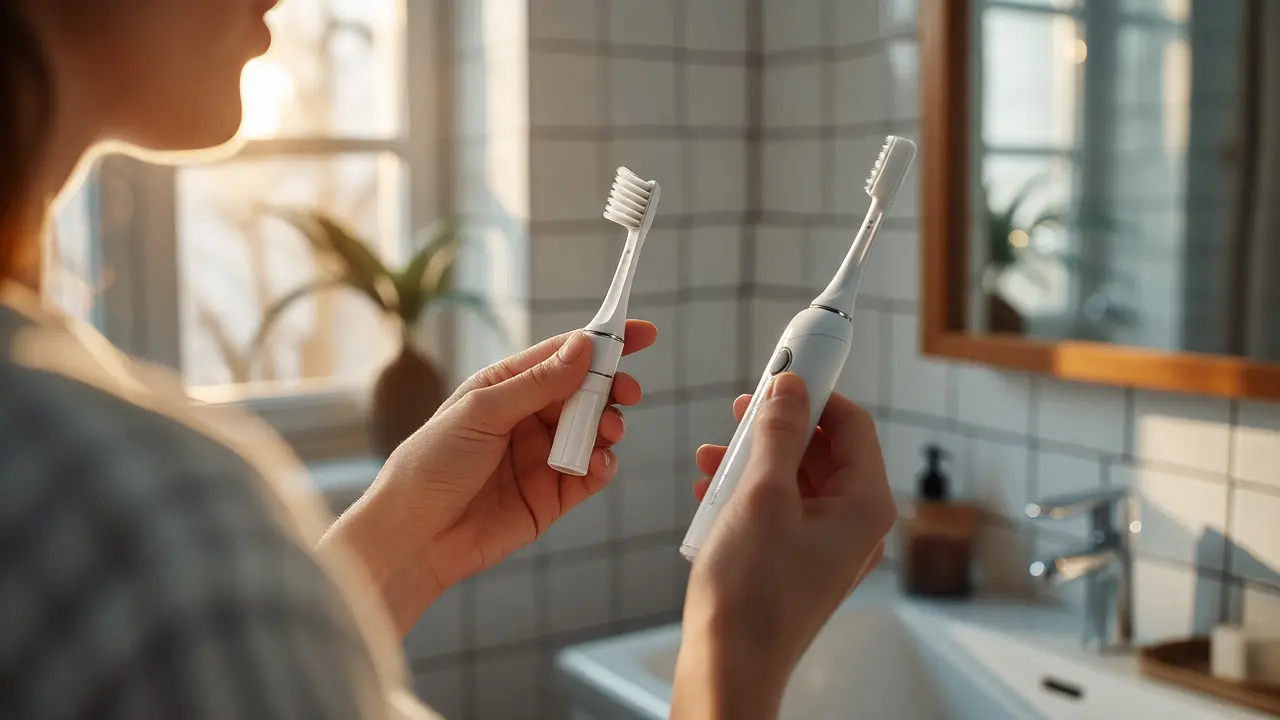 Ruce držící tělo sonického kartáčku Curaprox a náhradní hlavici ve světlé koupelně