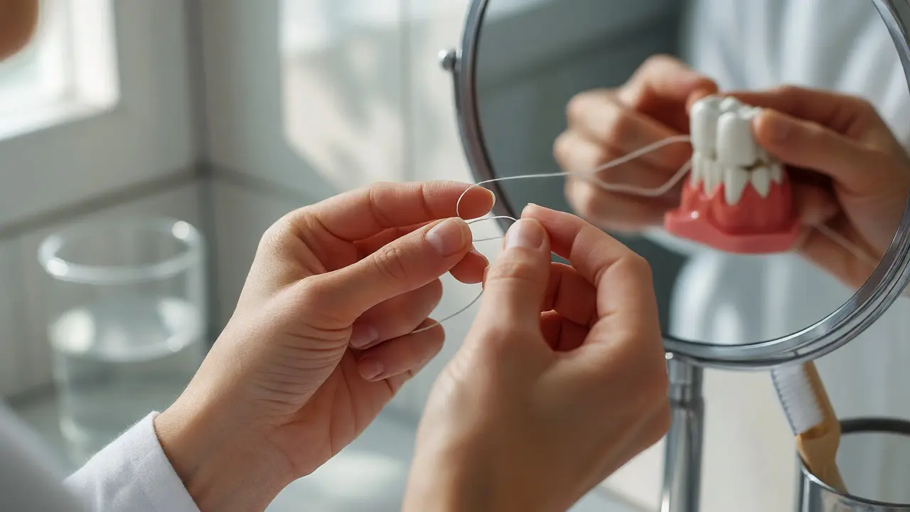 Ruce používající zubní nit k čištění mezizubních prostor pro prevenci kazu.