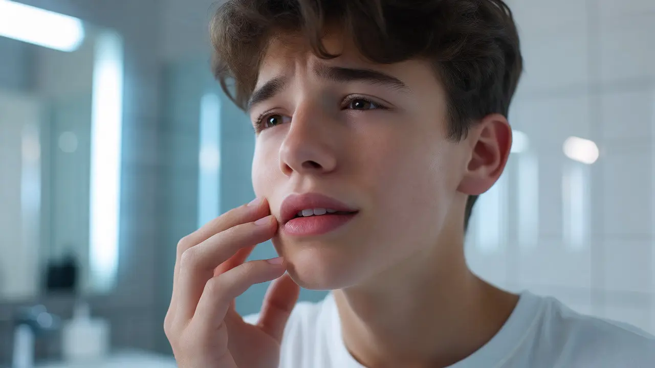 Teenager si hmatá oblast zubů moudrosti v obličeji