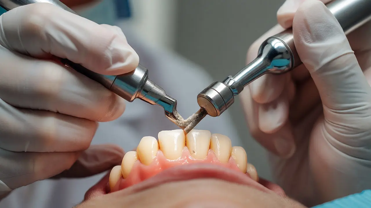 Zubař odstraňuje zubní kámen ultrazvukovým přístrojem během hygieny.