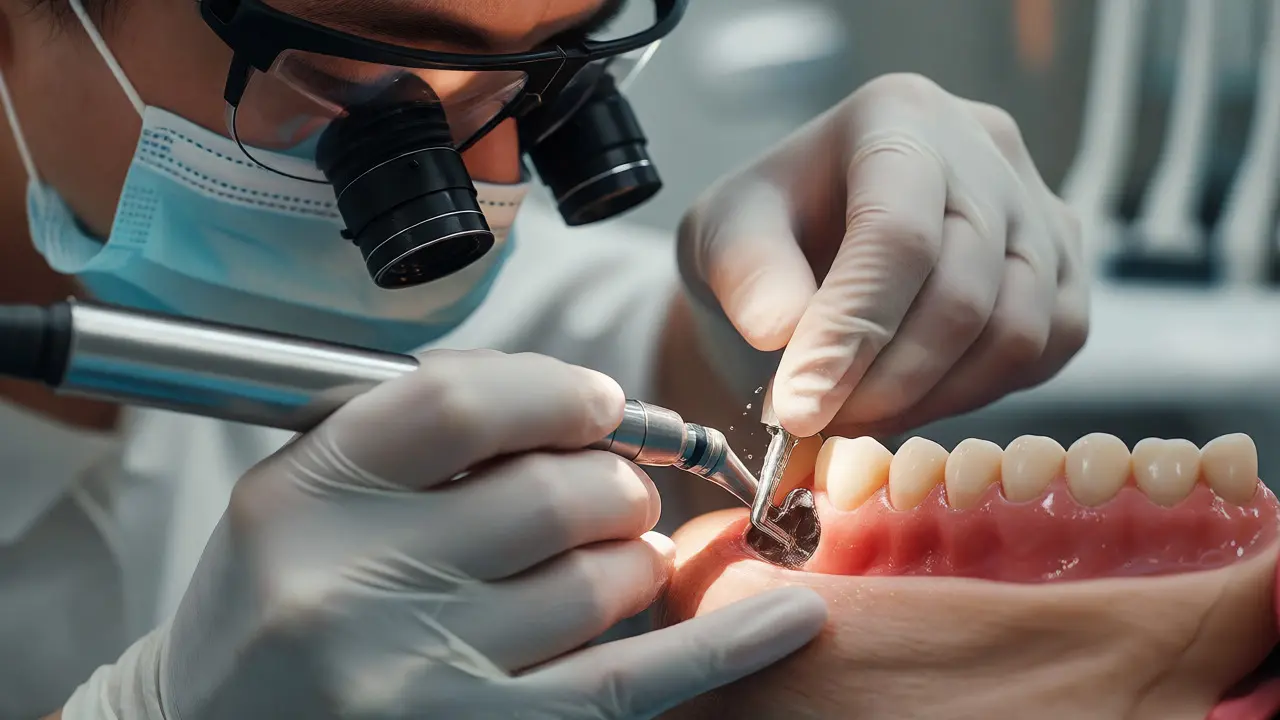 Zubní hygienista odstraňuje poddásňový kámen ultrazvukem